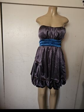 Strapless Purple Mini Dress with Blue Velvet Waistband